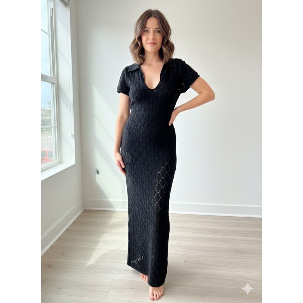 Charlotte Russe Black Crochet Maxi Dress Collared Sz S Y2K Cottagecore Boho